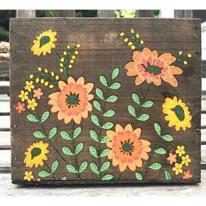 Vintage Hand Painted Wooden Planter Box Bright Flowers Rope Handles Lined 5"